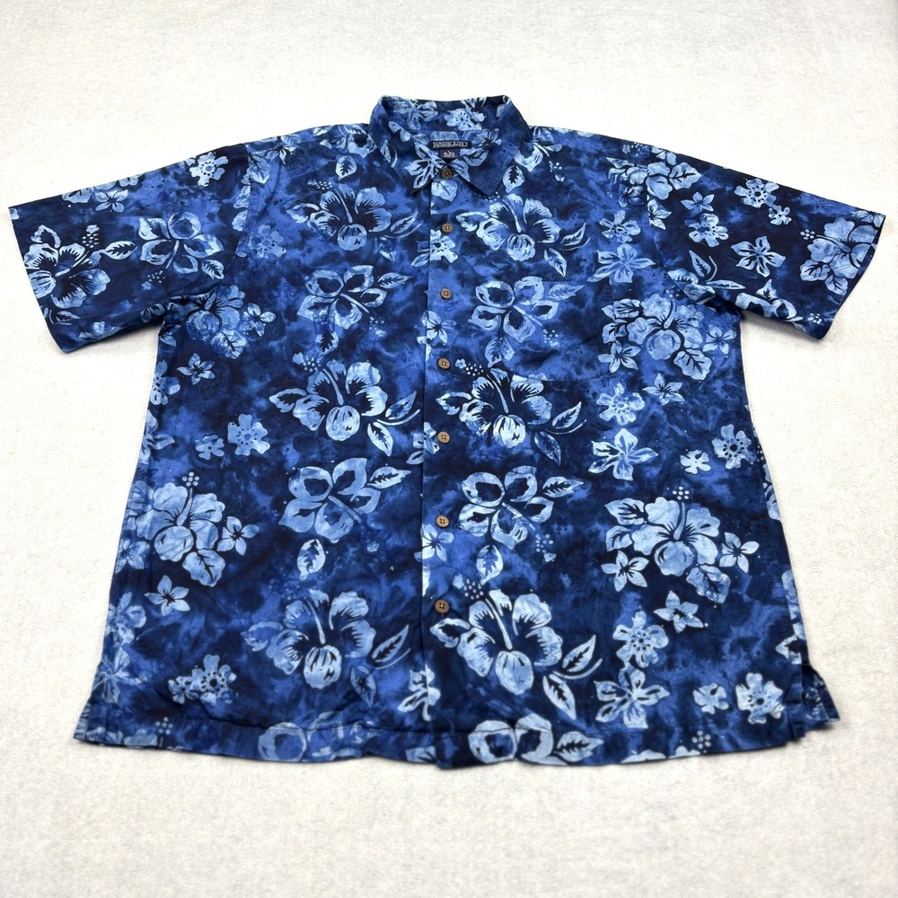 Lands End Hawaiian Shirt Mens Large Blue Floral Batik Hibiscus Cotton Camp Aloha